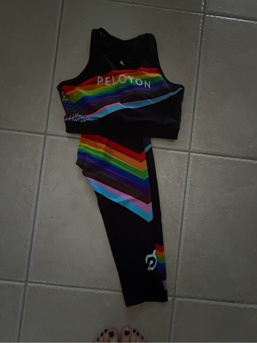 Peloton Black Leggings with Rainbow Chevron Stripes